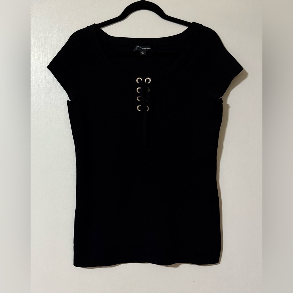 INC International Concepts Black Ribbed Short Sleeve Top